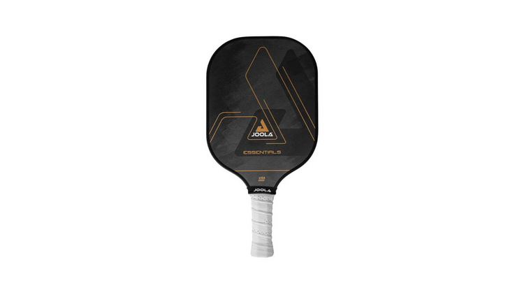 JOOLA Essentials pickleball paddle featuring a black design with gold accents, JOOLA branding, and a white perforated grip. Designed for recreational players and beginners