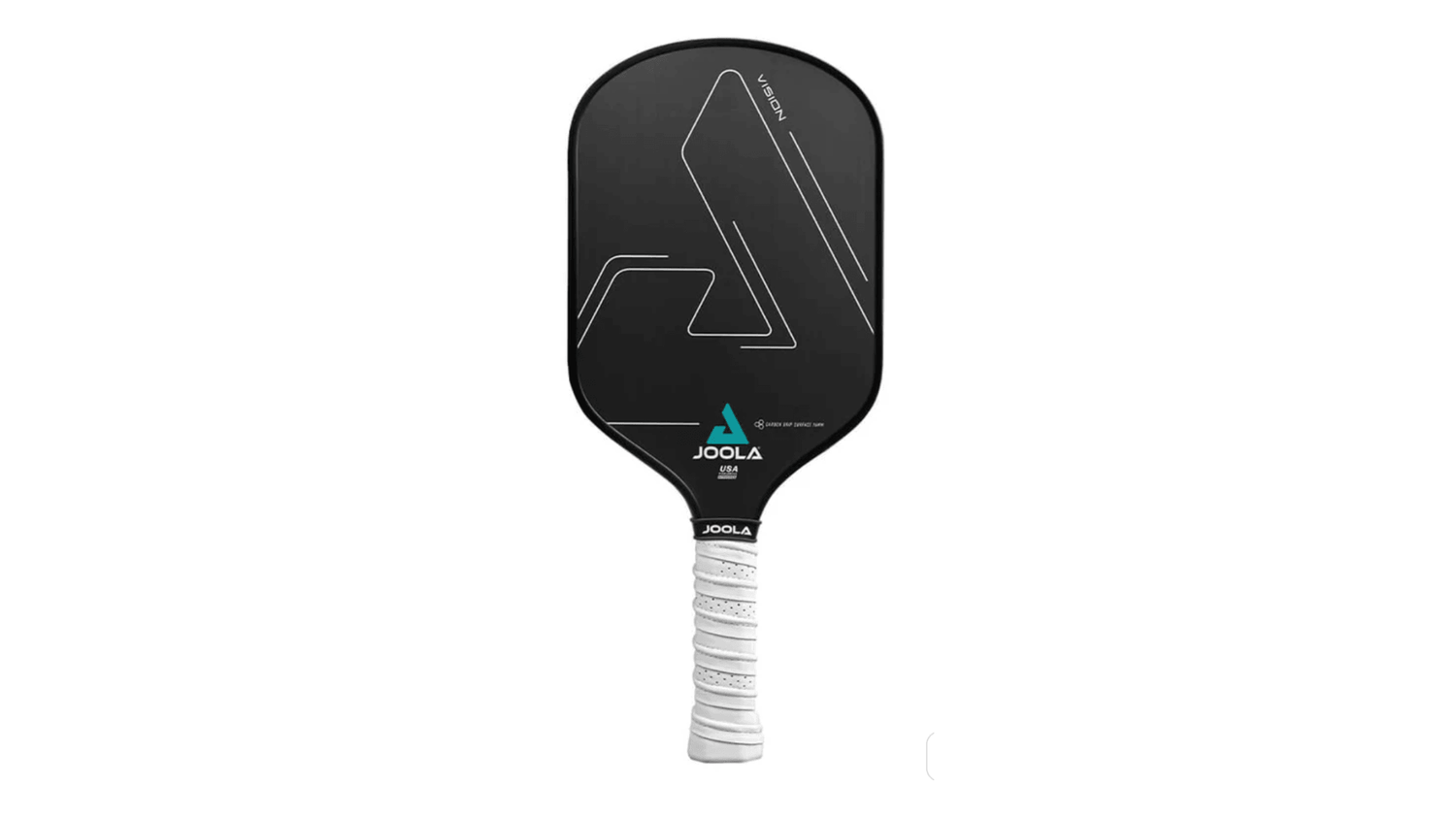 JOOLA Vision pickleball paddle with a sleek black design, white JOOLA logo, and perforated white grip. Features a modern aesthetic and is designed for competitive players seeking enhanced precision