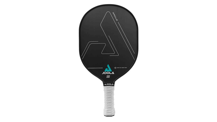JOOLA Radius pickleball paddle featuring a sleek black design with white JOOLA logo and branding, rounded shape, and a white perforated grip. Designed for superior spin and control with a Carbon Grip Surface 