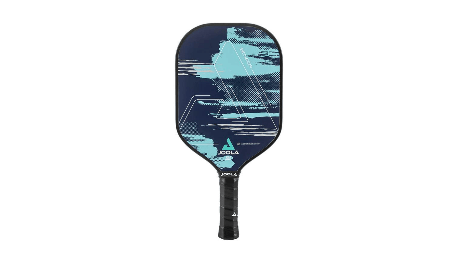 JOOLA Seneca pickleball paddle with a modern blue design, black grip, and lightweight carbon fiber construction. Built for advancing players, it offers a 16mm core for control and a 14mm polymer core for power, with a fatigue-reducing Feel-Tec Pure Grip