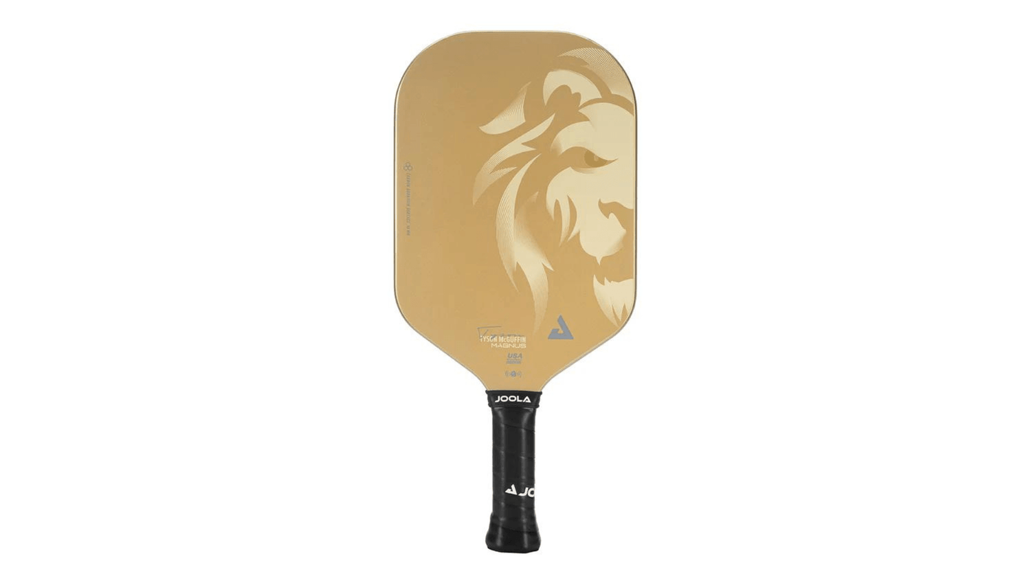JOOLA Magnus Lion CAS pickleball paddle with a gold lion graphic, black grip, and edgeless carbon fiber design. Engineered for power and precision with a lightweight frame, enlarged sweet spot