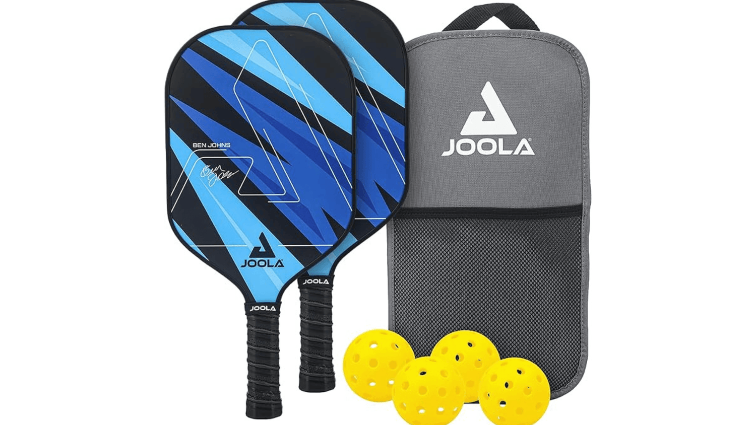JOOLA pickleball paddle, ball, and cover set featuring two blue paddles with black grips, four yellow pickleballs, and a gray JOOLA-branded paddle cover. Ideal for players of all skill levels, providing convenience and durability for gameplay.