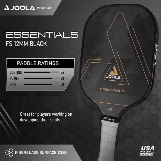 An advertisement for Pickleball Zone’s black "Essentials FS 12mm" Pickleball paddle features impressive ratings: Control 84, Power 88, Spin 88. This paddle is designed with a fiberglass surface and a honeycomb polymer core, and is USA Pickleball-approved. The text emphasizes its suitability for players who are developing their shots.