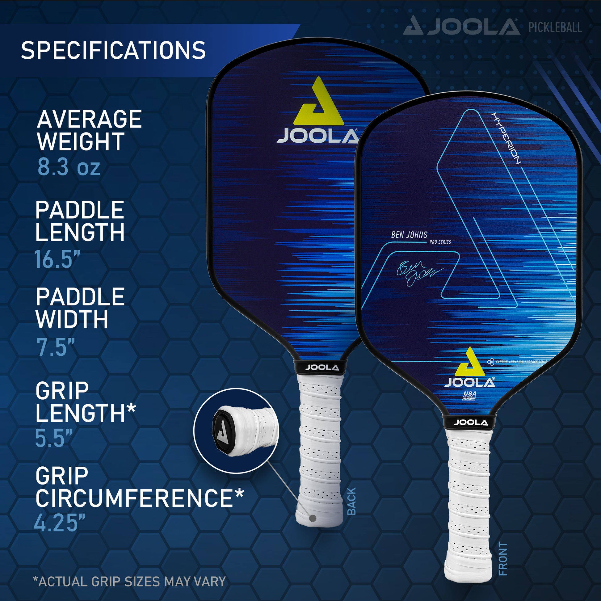 A graphic showcasing the specifications of a JOOLA Ben Johns Hyperion CAS 16 pickleball paddle from Pickleball Zone. The paddle features a striking blue and black design with the branded logo. The graphic lists the average weight, paddle length and width, grip length, and grip circumference. Additionally, it features an image of the paddle highlighting its Response Honeycomb Polymer Core.