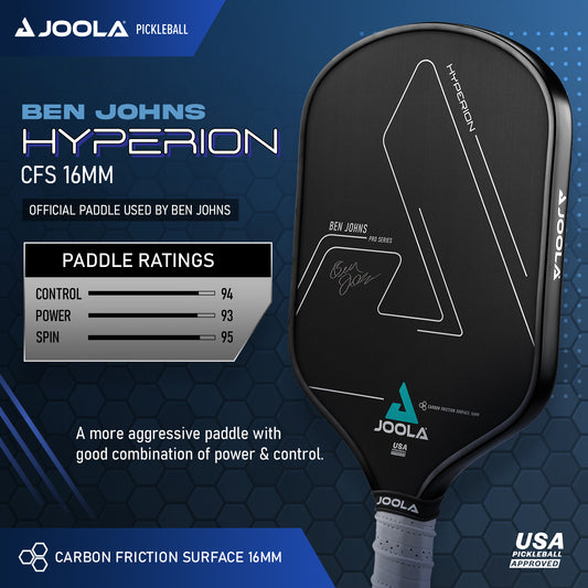 Image of a Pickleball Zone JOOLA Ben Johns Hyperion CFS 16 Paddle. This paddle, featuring a Carbon Friction Surface and Reactive Honeycomb Polymer Core, is endorsed by Ben Johns. Ratings: Control 94, Power 93, Spin 95. Described as an aggressive paddle with an excellent blend of power and control.