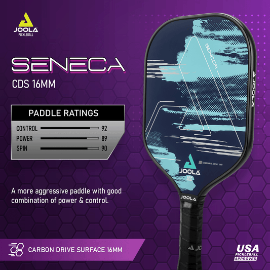 The image showcases the Seneca CDS 16mm Pickleball Paddle by Pickleball Zone, a high-performance paddle designed for advanced players. It boasts ratings of Control 92, Power 89, and Spin 90. The design features a mix of blue and white graphics on the face against a honeycomb purple background.