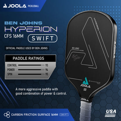 Image of a Pickleball Zone paddle. The paddle, named the "Ben Johns Hyperion CFS 16mm Swift," features specifications printed on it and has a black surface adorned with Ben Johns' signature. Paddle ratings include Control: 93, Power: 94, and Spin: 95. Text highlights the Carbon Friction Surface (CFS) 16mm and Swift Technology for enhanced performance.