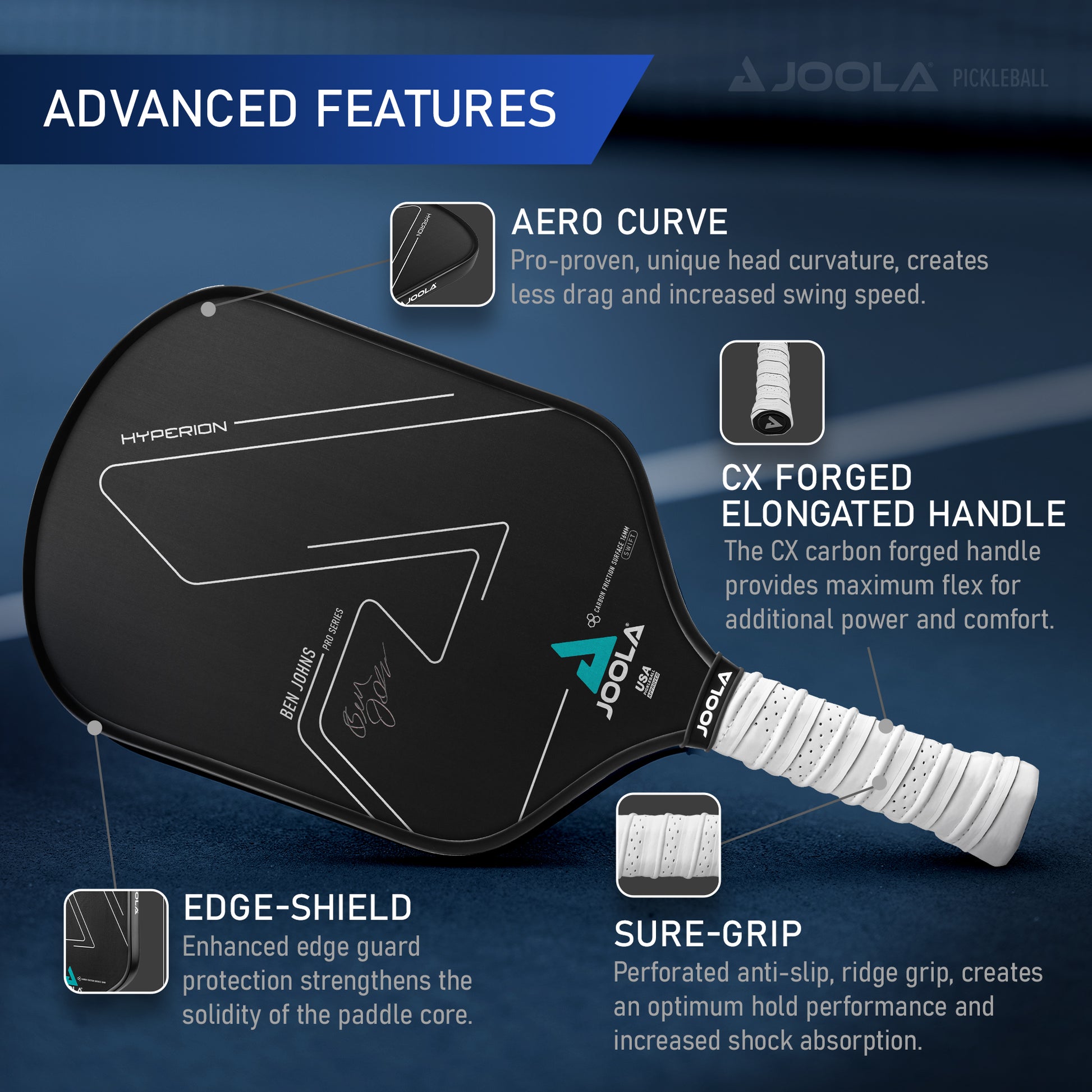A promotional image showcasing the Ben Johns Hyperion CFS 16mm Swift Paddle by Pickleball Zone with advanced features. This lightweight paddle includes AERO Curve for increased swing speed, CX Forged Elongated Handle for comfort, Edge-Shield for protection, Sure-Grip for enhanced stability, and Swift Technology for precise control.