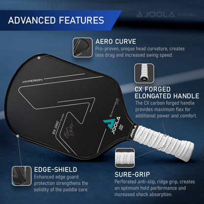 A promotional image showcasing the Ben Johns Hyperion CFS 16mm Swift Paddle by Pickleball Zone with advanced features. This lightweight paddle includes AERO Curve for increased swing speed, CX Forged Elongated Handle for comfort, Edge-Shield for protection, Sure-Grip for enhanced stability, and Swift Technology for precise control.