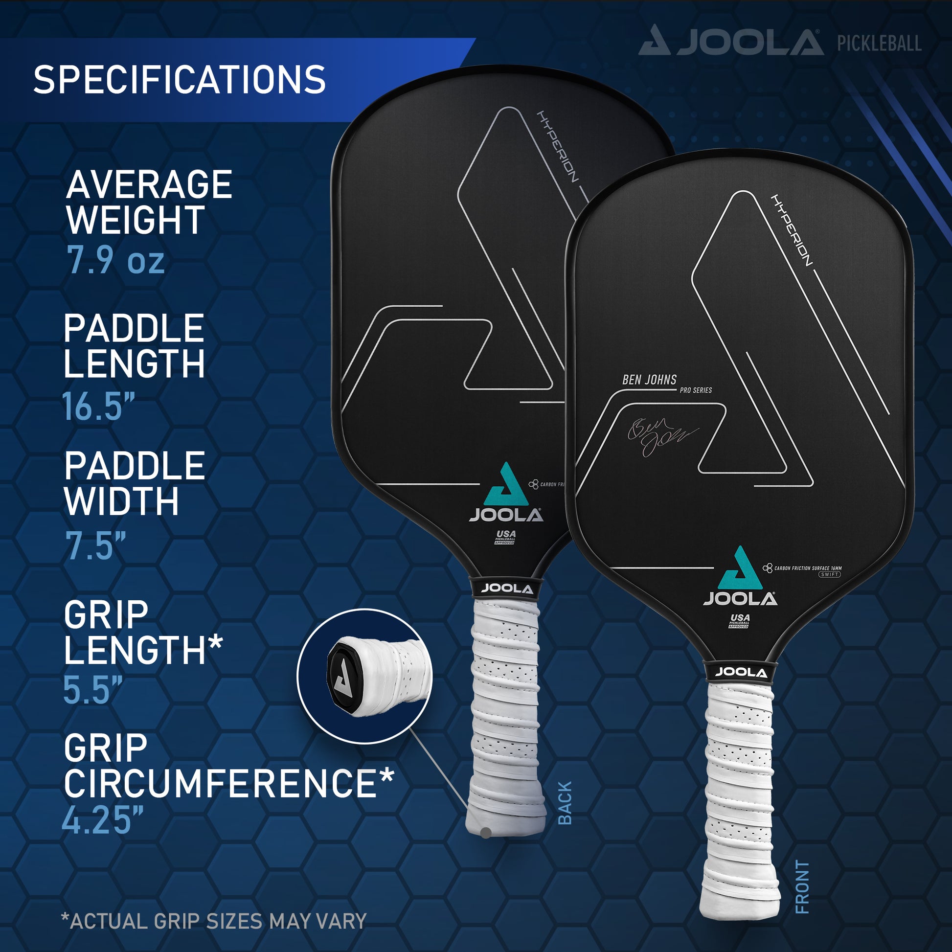 An image displaying specifications for Pickleball Zone's Ben Johns Hyperion CFS 16mm Swift pickleball paddles, known for their lightweight and precise control. The stats include average weight (7.9 oz), paddle length (16.5"), paddle width (7.5"), grip length (5.5"), and grip circumference (4.25"). Two paddles are shown front and back with white grips.