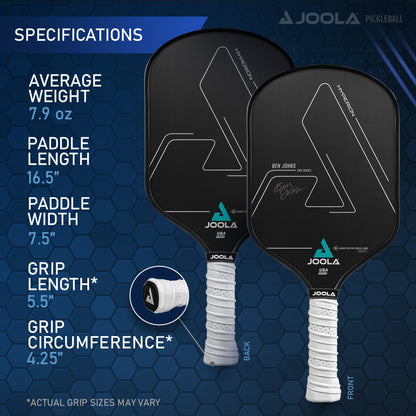 An image displaying specifications for Pickleball Zone's Ben Johns Hyperion CFS 16mm Swift pickleball paddles, known for their lightweight and precise control. The stats include average weight (7.9 oz), paddle length (16.5"), paddle width (7.5"), grip length (5.5"), and grip circumference (4.25"). Two paddles are shown front and back with white grips.