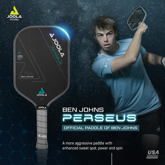 A poster features Ben Johns promoting the Pickleball Zone Ben Johns Perseus CFS 16mm paddle. He is captured in a dynamic mid-swing action pose, exuding intensity. The paddle, equipped with Charged Carbon Surface Technology, is prominently displayed with text emphasizing its aggressive playing qualities. The poster includes branding and logos from Pickleball Zone.