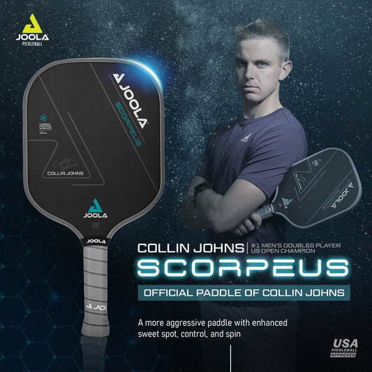 A promotional image for the Pickleball Zone Collin Johns Scorpeus CFS 16mm pickleball paddle, endorsed by Collin Johns. The image features Collin Johns holding the paddle, with text highlighting its attributes: a more aggressive paddle with enhanced sweet spot, control, and spin thanks to Charged Carbon Surface Technology. USA Pickleball approved.