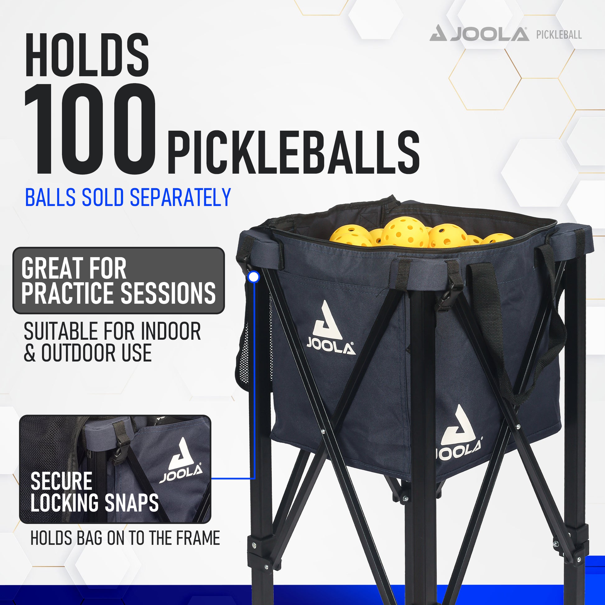 Image of a Pickleball Zone JOOLA Pickleball Ball Hopper on a black frame that holds 100 pickleballs, with locking snaps securing the bag to the frame. Text highlights its suitability for indoor and outdoor practice sessions. Several yellow pickleballs are visible inside the bag.