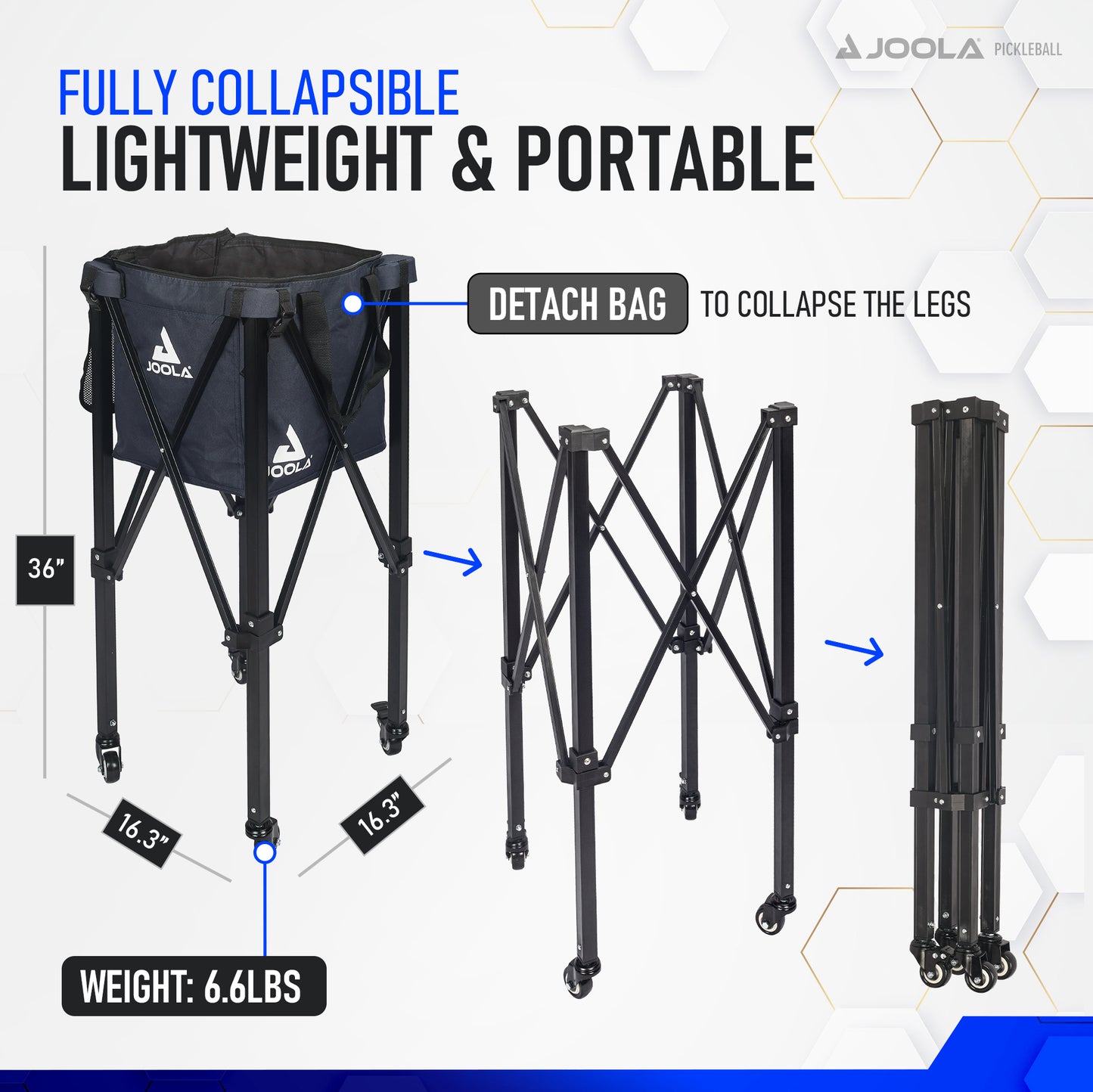 A promotional graphic for Pickleball Zone's JOOLA Pickleball Ball Hopper, showcasing its fully collapsible, lightweight, and portable design. The image displays the equipment in three stages: fully set up, partially collapsed with the Pickleball Ball Caddy detached, and fully collapsed. Weighing in at just 6.6 lbs., it’s perfect for all your pickleballs!