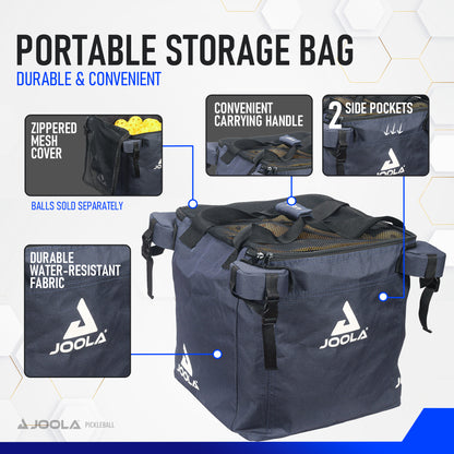 A promotional image for the Pickleball Zone JOOLA Pickleball Ball Hopper highlights its durable, water-resistant fabric, zippered mesh cover, convenient carrying handle, and two side pockets. Text indicates that pickleballs are sold separately.