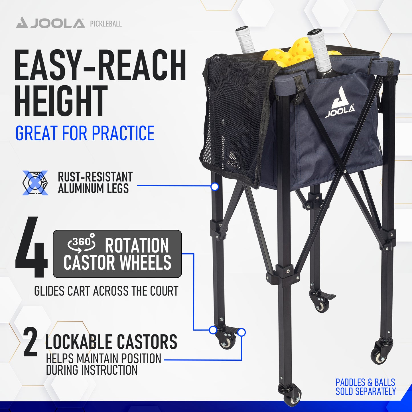 The image displays a Pickleball Zone JOOLA Pickleball Ball Hopper, featuring an easy-reach height, rust-resistant aluminum legs, 360-degree rotating caster wheels, and 2 lockable castors. The hopper includes mesh pockets for bottles and paddles at the top. Paddles and pickleballs are sold separately.