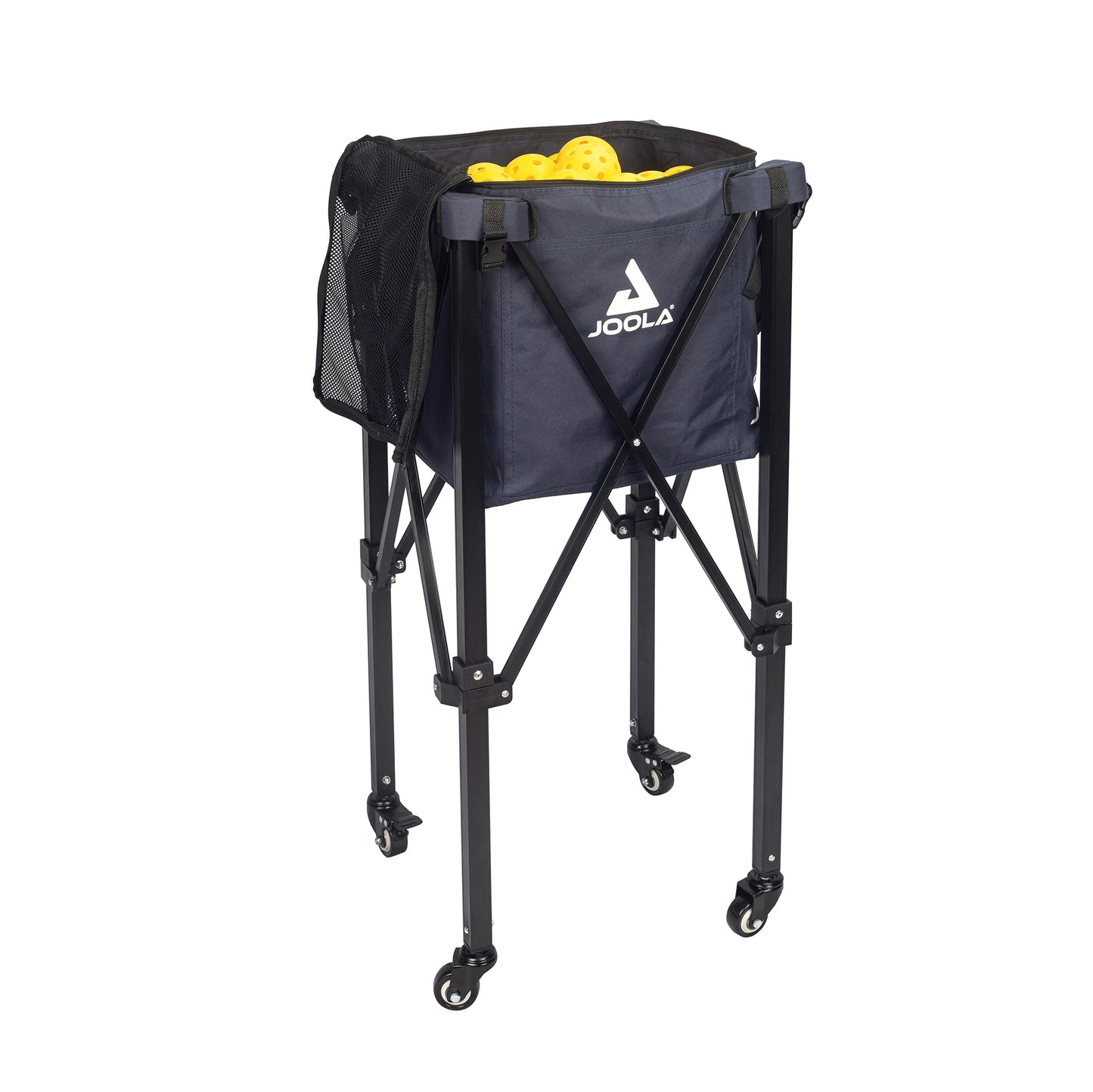 A black portable JOOLA Pickleball Ball Hopper by Pickleball Zone, featuring the JOOLA logo and filled with yellow pickleballs. It has a collapsible frame and is equipped with four wheels for easy mobility.