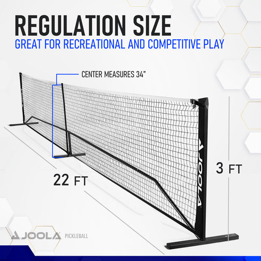 An image displaying a regulation size Pickleball Zone Elemental Net. The net's dimensions are shown: it spans 22 feet in length, stands 34 inches high at the center, and is 3 feet tall at the posts. Text emphasizes its lightweight and portable design, making it suitable for recreational and competitive play.