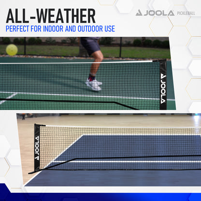 A promotional image for the Elemental Net by Pickleball Zone. The image showcases a lightweight and portable, all-weather net set up on green and blue courts. The text reads "ALL-WEATHER Perfect for Indoor and Outdoor Use" with the Pickleball Zone logo and "Elemental Net" in the top right corner.