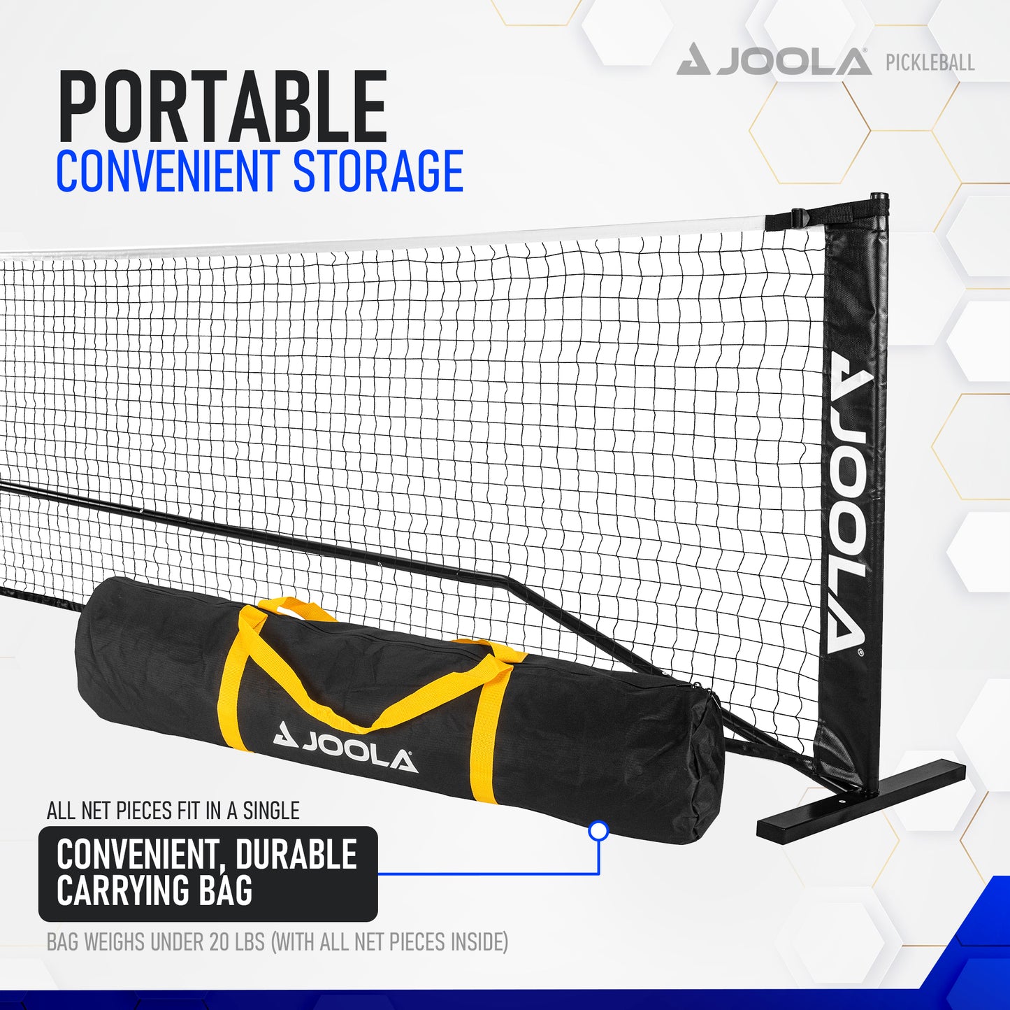A black and white Pickleball Zone Elemental Net is shown set up, with the text "Portable" and "Convenient Storage" in blue. Below, a black carrying bag with yellow accents is displayed, labeled "Lightweight and Portable Carrying Bag." The bag weighs under 20 lbs with all net pieces inside.