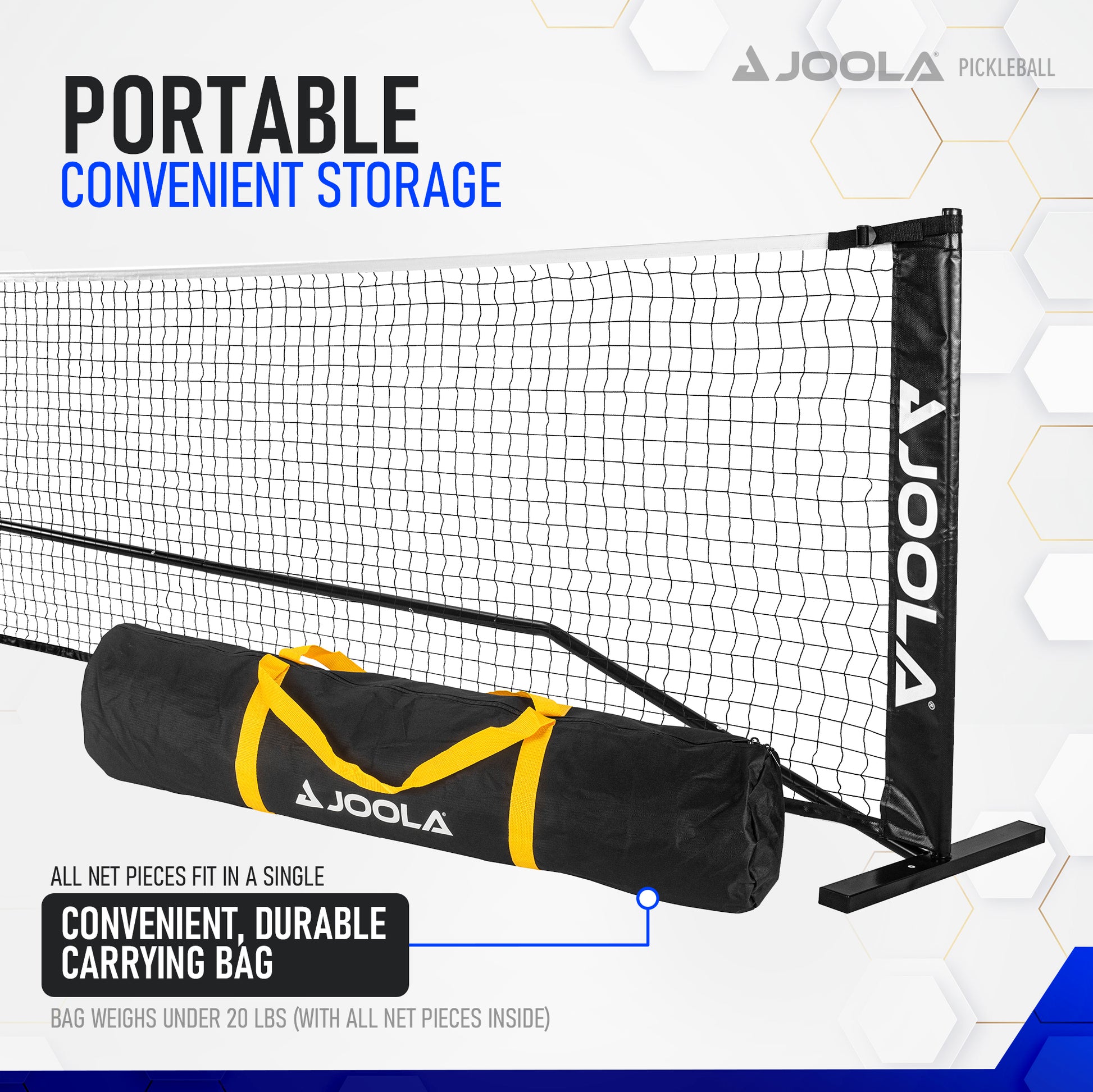 A black and white Pickleball Zone Elemental Net is shown set up, with the text "Portable" and "Convenient Storage" in blue. Below, a black carrying bag with yellow accents is displayed, labeled "Lightweight and Portable Carrying Bag." The bag weighs under 20 lbs with all net pieces inside.