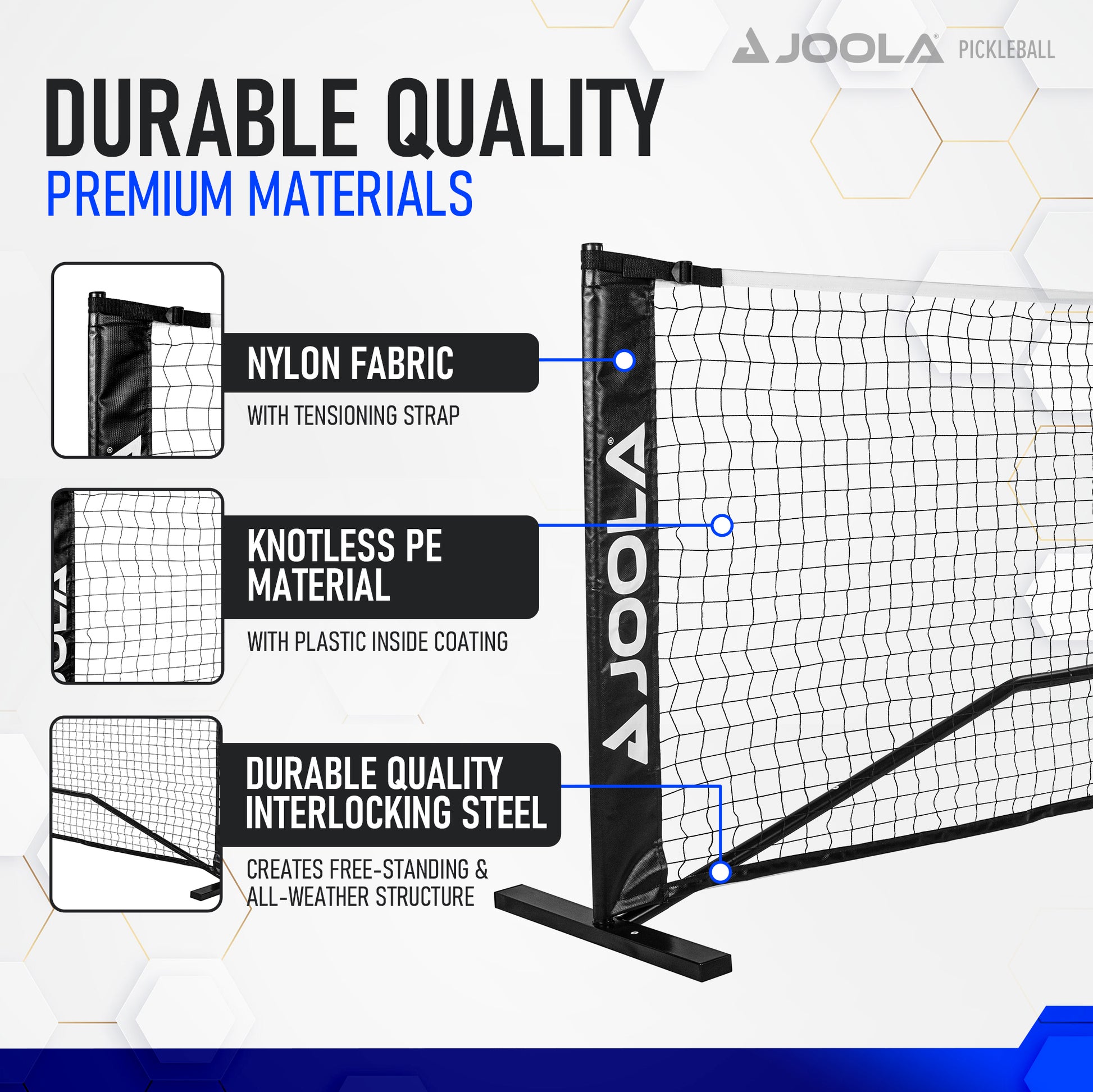 An infographic from Pickleball Zone for the Elemental Net highlights three features: Lightweight and Portable Nylon Fabric with a tensioning strap, Knotless PE Material with plastic inside coating, and Durable Quality Interlocking Steel that creates a free-standing, all-weather structure at regulation height.