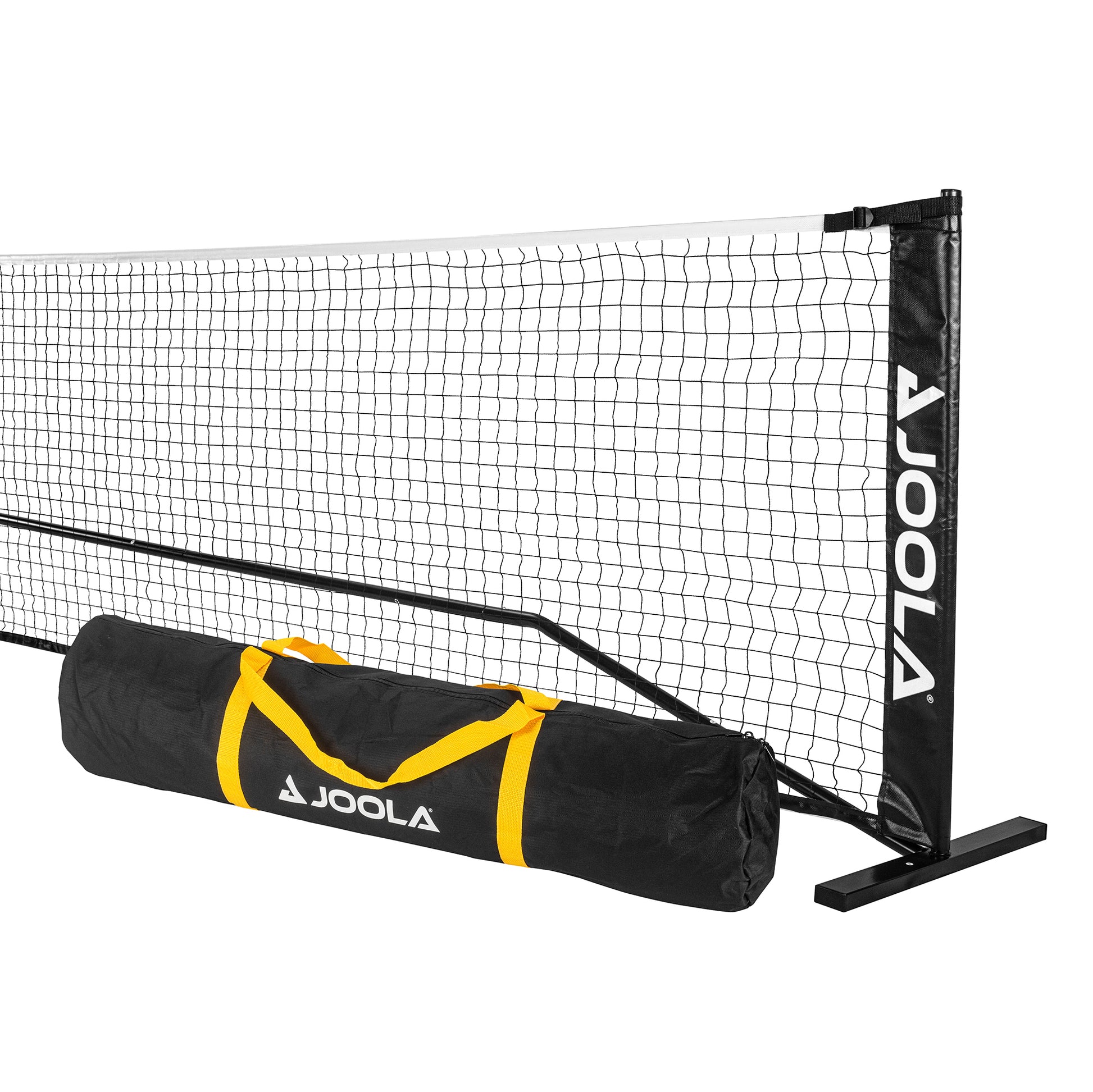 An Elemental Net from Pickleball Zone, featuring a black net with white edges and two black posts adorned with the Pickleball Zone logo in white. Below the regulation-height net is a cylindrical, lightweight, and portable black carrying bag with yellow straps, also branded with the Pickleball Zone logo in white.