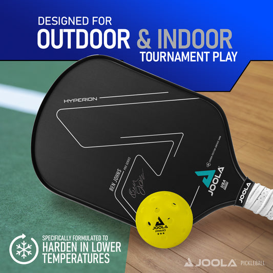 On a blue and green court, a black Primo 3 Star paddle by Pickleball Zone and a yellow ball are displayed. Text reads, "Designed for outdoor & indoor tournament play" with "Specifically formulated to harden in lower temperatures." Featuring a precision-engineered 40-hole design for tournament-grade performance.