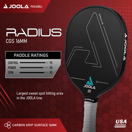 A Pickleball Zone Radius CGS - 16mm Pickleball Paddle with a red background boasts ratings of control at 95, power at 90, and spin at 93. Its large sweet spot and carbon grip surface of 16mm deliver unmatched spin and control. Proudly displays the USA Pickleball Association logo for top-tier trust and performance.