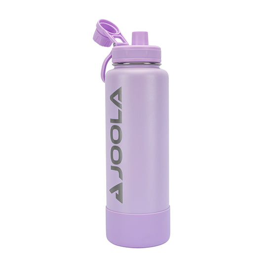A lavender-colored Pickleball Zone Stainless Steel Water Bottle with a screw-on lid and a flip-top, leak-proof spout. The brand name "Pickleball Zone" is printed vertically in grey on the side. The bottle boasts a sleek design, double-wall insulation, and a carrying handle attached to the lid.