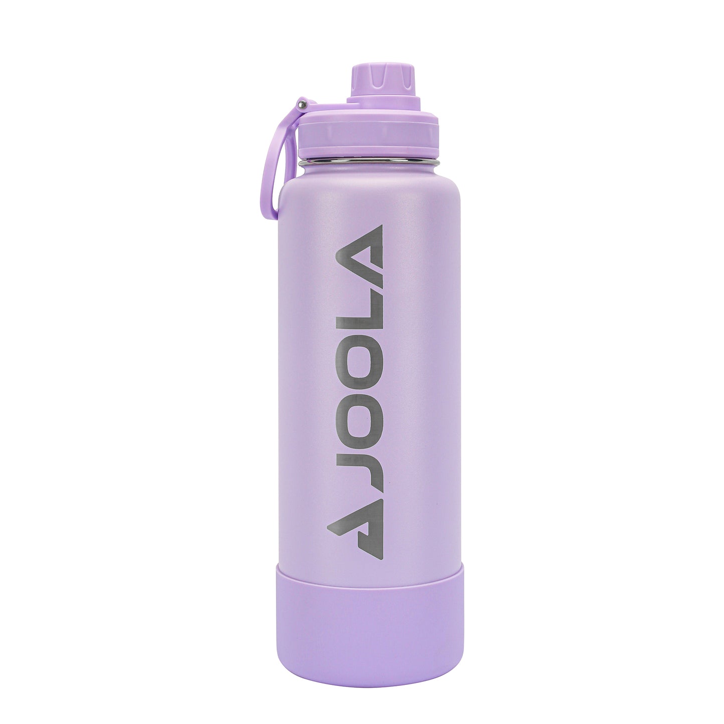 A purple, cylindrical Pickleball Zone JOOLA Water Bottle with a screw-on cap, a carrying strap, and "JOOLA" printed vertically in bold, gray letters on its side. The bottle boasts a matte finish, wide mouth for easy filling and cleaning, and double-wall insulation to keep your drink at the perfect temperature.