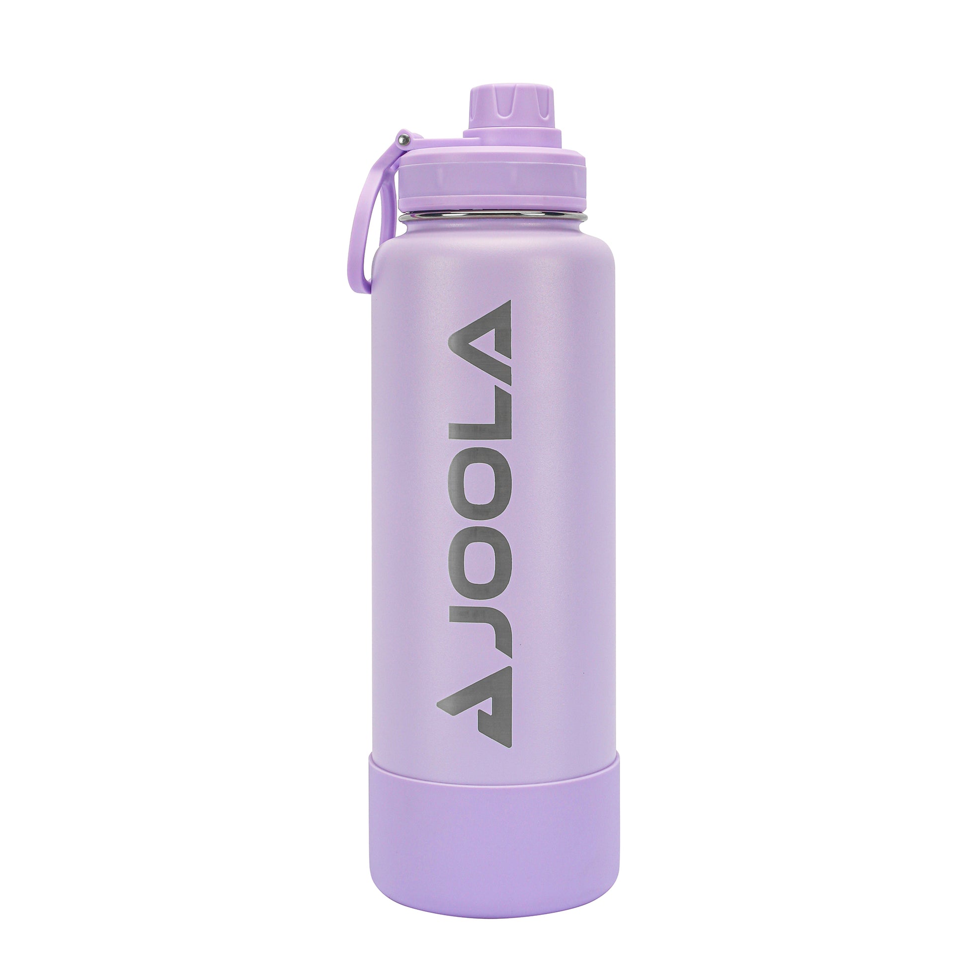 A purple, cylindrical Pickleball Zone JOOLA Water Bottle with a screw-on cap, a carrying strap, and "JOOLA" printed vertically in bold, gray letters on its side. The bottle boasts a matte finish, wide mouth for easy filling and cleaning, and double-wall insulation to keep your drink at the perfect temperature.