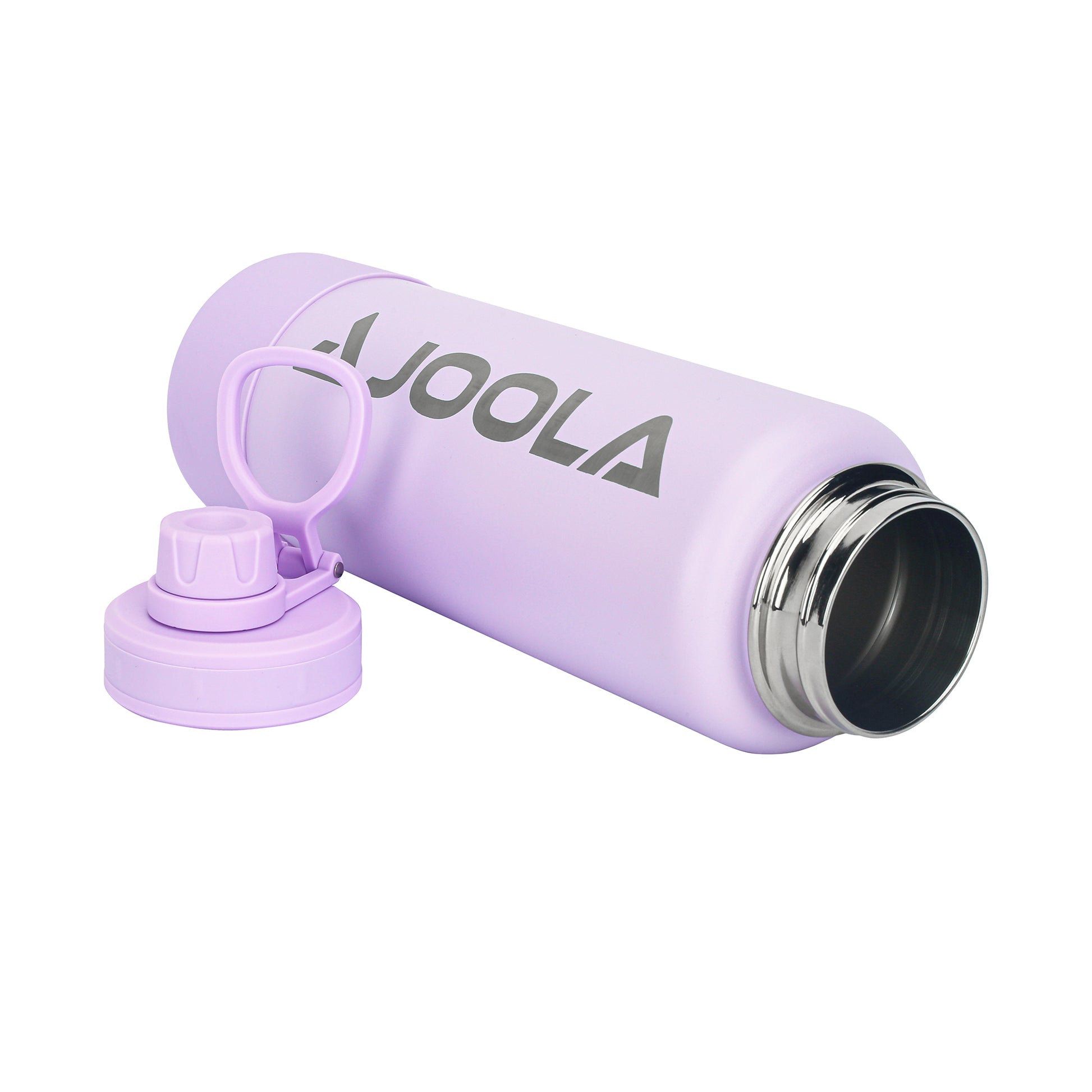 A light purple Pickleball Zone JOOLA Water Bottle with black branding on the side features double-wall insulation and a wide mouth with a stainless steel rim. It boasts a detached, matching screw-on cap with a carrying handle placed next to its leak-proof spout.

