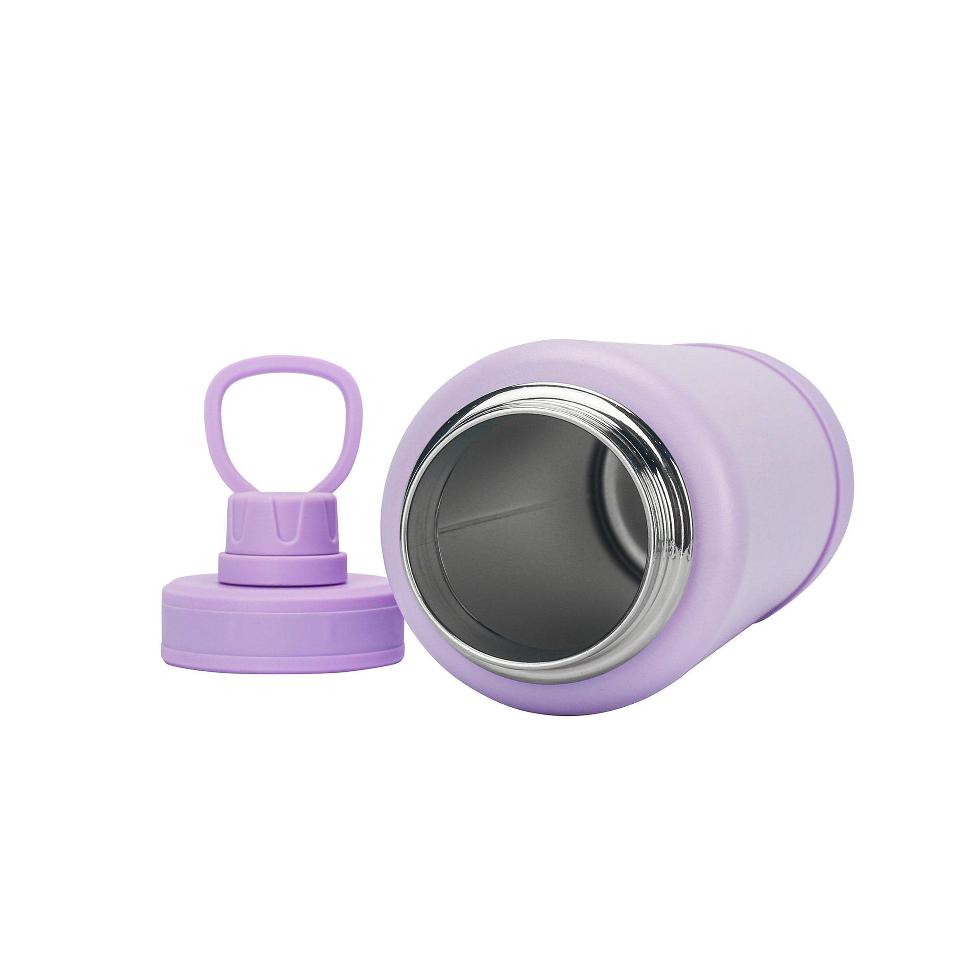 A Pickleball Zone JOOLA Water Bottle in purple is displayed lying on its side with the lid removed. The lid, also purple and featuring a convenient carrying handle, is placed next to the bottle. The interior of the double-wall insulated bottle is visible, showcasing its metallic finish.