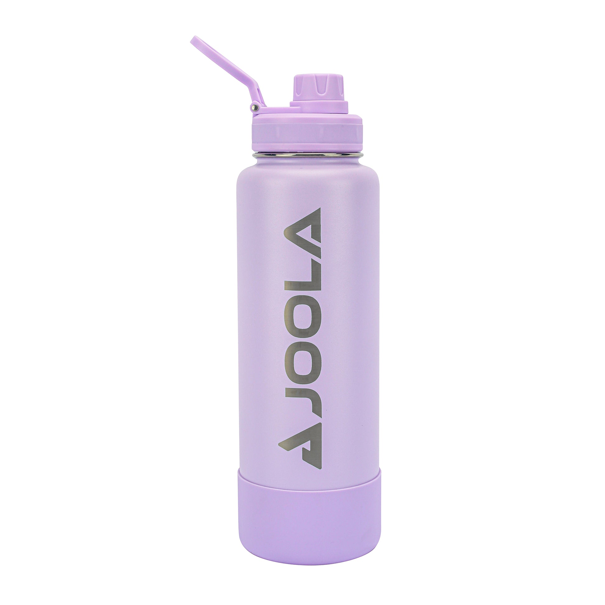 A large, cylindrical, light purple Pickleball Zone JOOLA Water Bottle with a straw lid and handle. The bottle features the brand name "Pickleball Zone" written vertically in gray letters. With double-wall insulation and a smooth, matte finish, it keeps your drinks cold while preventing leaks.