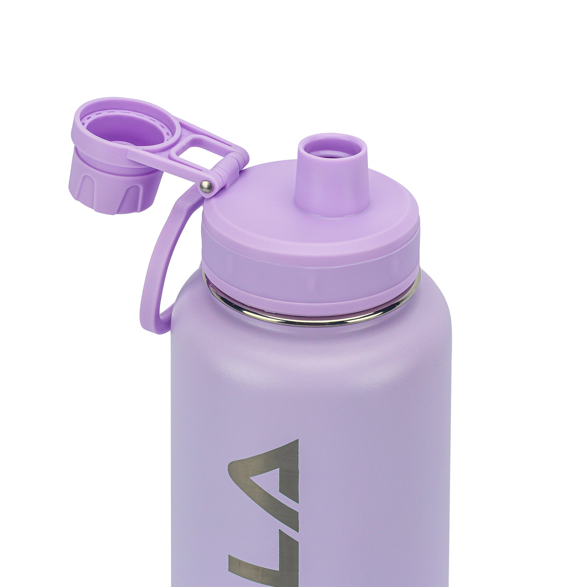 A pastel purple Pickleball Zone JOOLA Water Bottle featuring a flip-top cap and a straw lid is shown. The lid includes a small loop for carrying, and a cap covers the leak-proof spout when not in use. Part of a logo with the letters "LA" is visible on this double-wall insulated bottle.