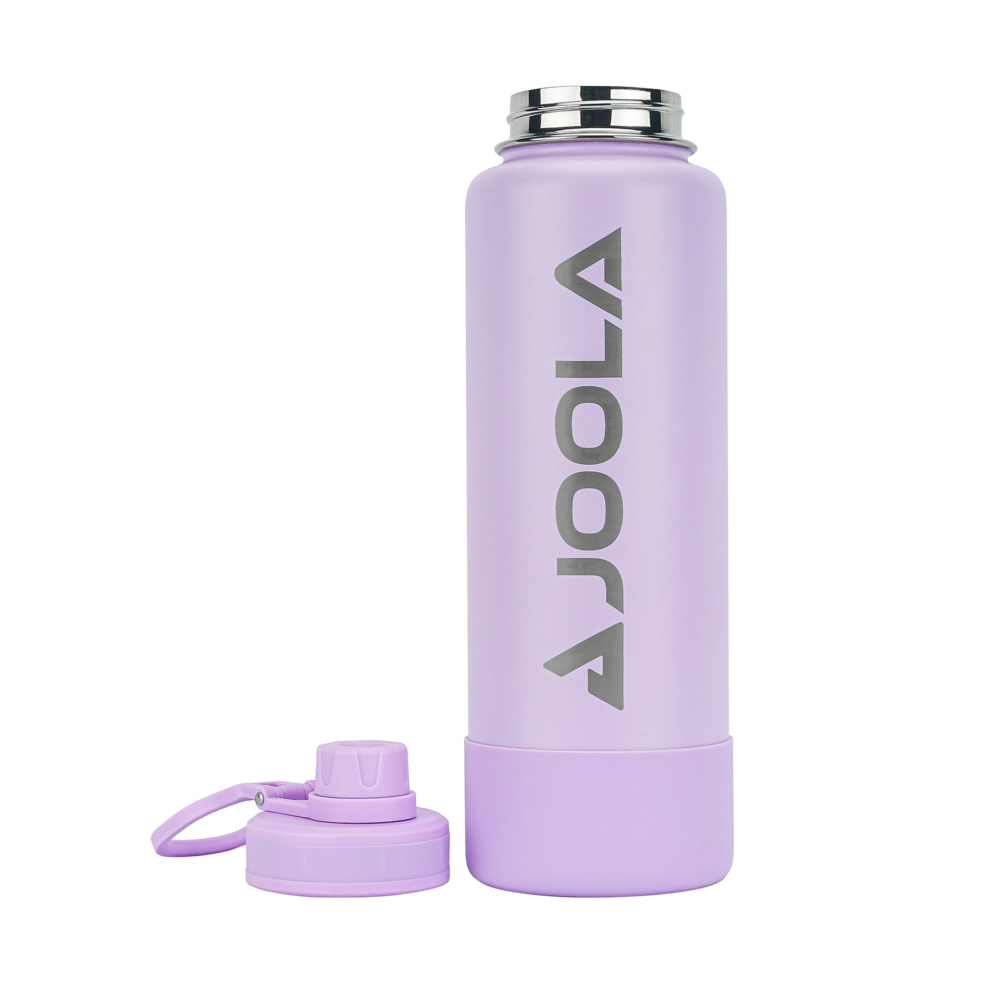 A Pickleball Zone JOOLA Water Bottle with a light purple finish, featuring the word "JOOLA" in silver vertically along its side. The bottle comes with a metallic screw-on lid and an additional leak-proof spout lid with a handle, placed beside it.