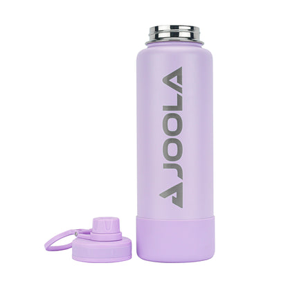 A Pickleball Zone JOOLA Water Bottle with a light purple finish, featuring the word "JOOLA" in silver vertically along its side. The bottle comes with a metallic screw-on lid and an additional leak-proof spout lid with a handle, placed beside it.