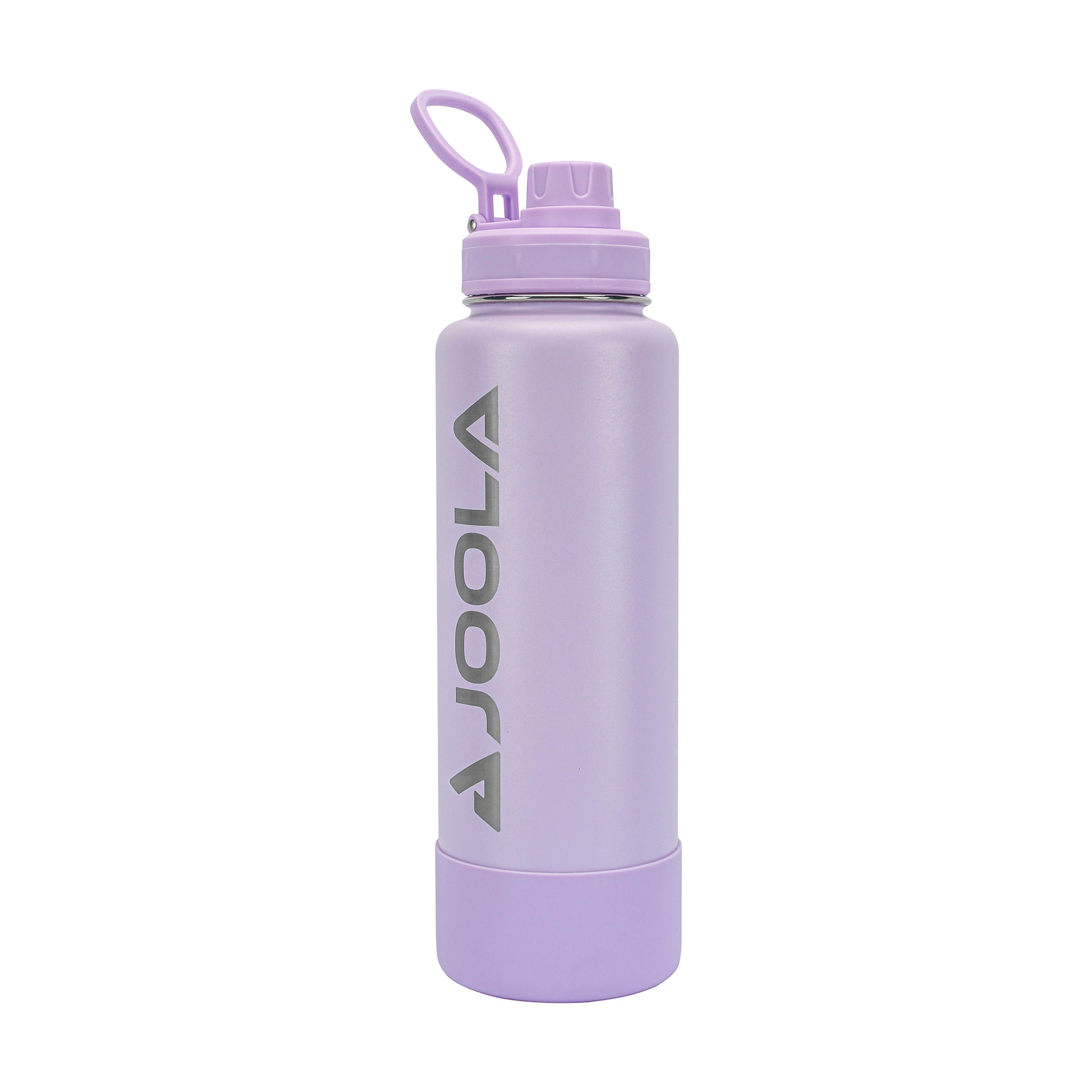 A metallic light purple Pickleball Zone JOOLA Water Bottle features a cylindrical shape with a screw-on lid that has a loop handle. The bottle sports "JOOLA" written vertically in silver letters along the side. It boasts double-wall insulation and a leak-proof spout, with an additional purple layer at the base matching the lid.